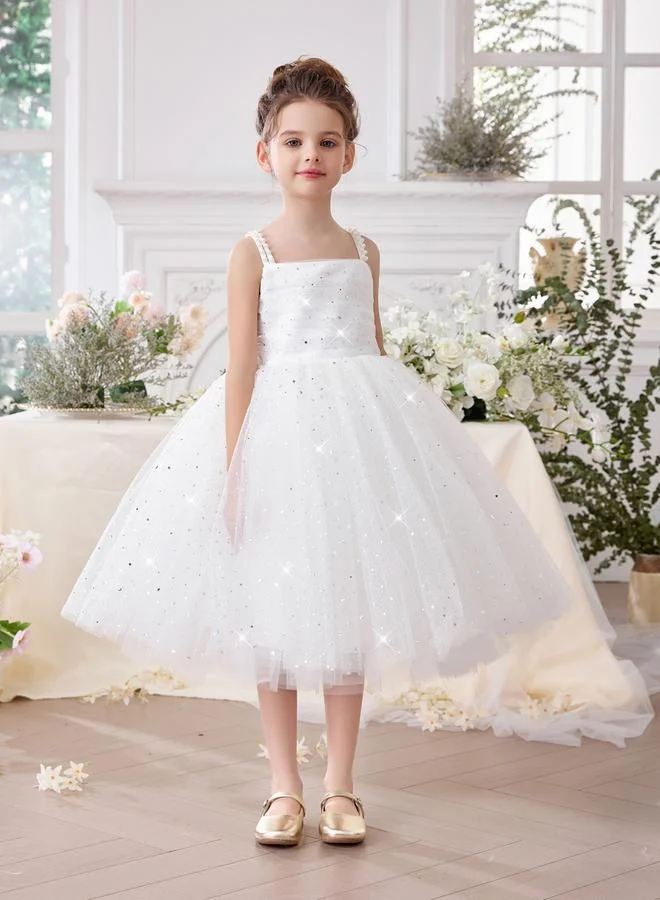 تايك تو فستان ميدي بناتي أبيض شبكي مزين وبسيور